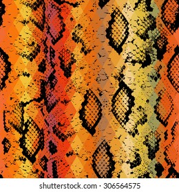 Snake skin texture  with colored rhombus. Geometric background. Seamless pattern black brown yellow red background, colorful psychedelic geometric mosaic ornament triangle. Vector illustration
