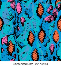 Snake skin texture. Seamless pattern pink blue orange black background. Vector