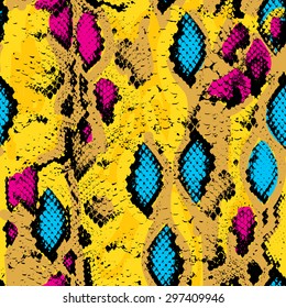 Snake skin texture. Seamless pattern pink blue orange black yellow background. Vector illustration