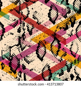 Snake skin texture seamless pattern. black magenta orange pink purple blue print, Geo ethnic modern trendy Geometric abstract background fashion creative art print for design site blog fabric. Vector