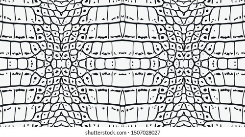 Snake Skin Vector Seamless Texture. Alligator Leather Silhouette. Black Lines on White Background. Grayscale Crocodile Skin. Reptile Scales Background Seamless Vector.