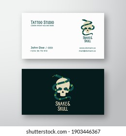 Snake and Skull Abstract Modern Vector Logo and Business Card Template. Tattoo Studio Flat Style Illustration Emblem. Shabby Textures. Premium Stationary Realistic Mock Up. Isolated.