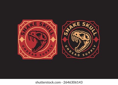 logotipo crachá de serpente definido em estilo vintage negrito. logotipo de emblema rústico esqueleto de réptil. serpente agressiva retro ilustração patch para a vida selvagem, aventura, exterior clubes embalagem e mercadoria