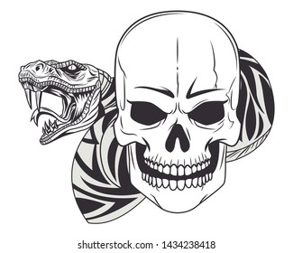 snake and skull drawn in black and white tattoo icon vector illustration graphic design