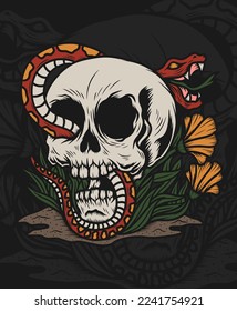 Snake with skull hand drawn illustration design concepts