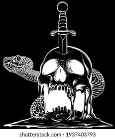 Snake and Skull silhouette in black background Vector Illustration