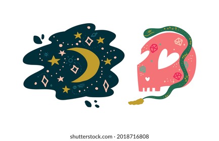 Snake, Skull and Starry Sky as Witchcraft Object for Spells and Performing Magical Rituals Vector Set