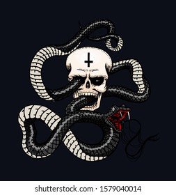 Snake with a skull in Vintage style. Serpent cobra or python or poisonous viper on a black background. Engraved hand drawn old reptile sketch for Tattoo. Anaconda for sticker or logo or t-shirts.
