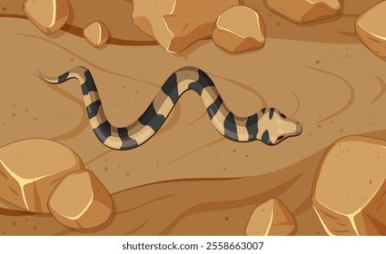 A snake slithers through a rocky desert landscape