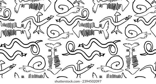 snake snail hand fish arrow seamless pattern in vector. background wallpaper in doodle style. graphics for application sites for layout and printing of texts and images