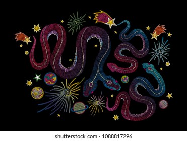 snake and space. Traditional stylish floral embroidery stitch on a black background. Sketch for printing on fabric, clothing, bag, accessories and design. Vector, tre