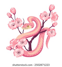 Snake with spring cherry blossom branch Vector illustration template for 2025 Year of Snake Flowers sakura composition with symbol of Chinese new year. Typography for print, tee, card, flyer, banner