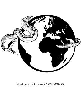 The snake is strangling the planet. Idea for a tattoo. Vector illustration
