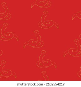 Snake stylized silhouette seamless pattern, yellow outline reptile on a red background vector illustration