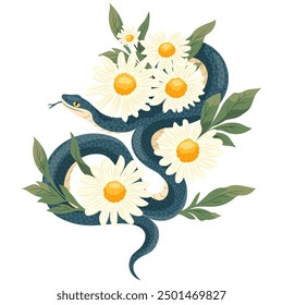 Snake with summer bouquet of daisy Vector illustration template for the 2025 Year of Snake. Flowers composition with symbol of the Chinese new year. Typography for print on tee, card, flyer, banner