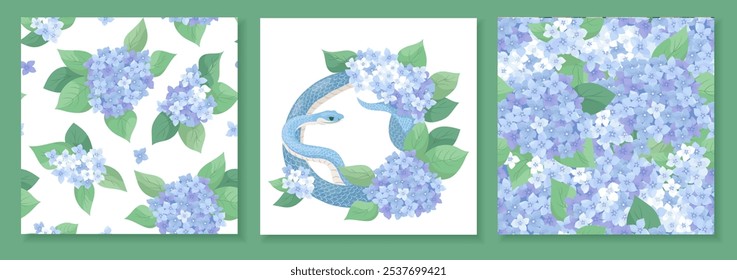 Snake with summer inflorescences hydrangea. Floral delicate continuous seamless pattern. Set of design seamless patterns and composition for print on textile, tee, card, flyer, banner