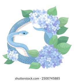 Snake with summer inflorescences hydrangea Vector illustration template for 2025 Year of Snake Flowers composition with symbol of the Chinese new year. Typography for print on tee, card, flyer, banner