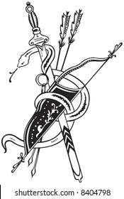 Snake, sword and arrows in white and black colors