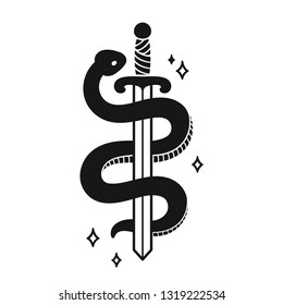 Dibujo blanco y negro de serpiente y espada. Diseño elegante de tatuajes monocromos. Ilustración vectorial de estilo vintage.