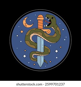 snake and sword cartoon in the night