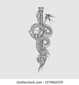 Snake and Sword drawn in tattoo style. Vector illustration