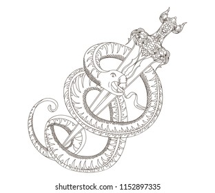Snake with sword. Old school tattoo style. Isolated element on white background. Vector illustration 