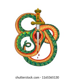 Snake with sword. Old school tattoo style. Isolated element on white background. Vector illustration
