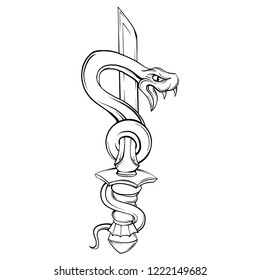 Snake with sword. Old school tattoo style. Isolated element on white background. Vector illustration