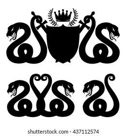 Snake with sword, shield and crown over them.