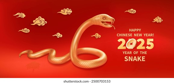 Snake is a symbol of the 2025 Chinese New Year. Realistic 3d figure of Golden Snake on a red background. Holiday vector illustration of asian Zodiac Sign Snake. Oriental concept for lunar year