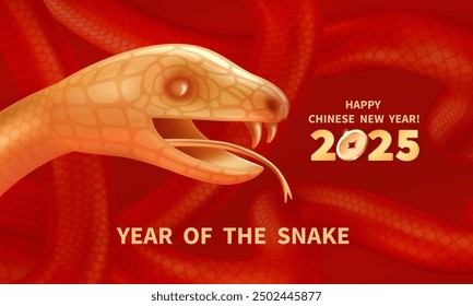 Snake is a symbol of the 2025 Chinese New Year. Realistic 3d figure of Golden Snake on a red background. Holiday vector illustration of asian Zodiac Sign Snake. Oriental concept for lunar year