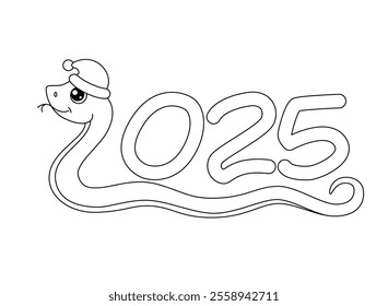 Snake symbol of 2025 new year, date and snake Santa hat - vector linear picture for coloring. Outline. Happy New Year 2025