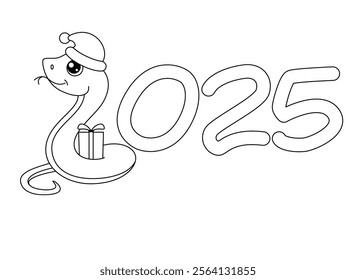 Snake symbol of 2025 new year, date and snake in Santa hat with gift - vector linear picture for coloring. Outline. Happy New Year 2025, Chinese New Year