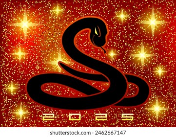 Snake symbol of 2025 on a festive red background.