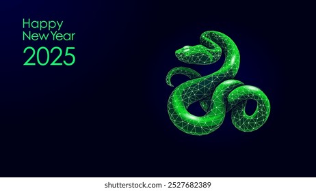 Símbolo de serpiente chino Año Nuevo 2025 Concepto. Signo tradicional del año bajo poli moderno azul poligonal. Póster tarjetas de felicitación Plantilla Ilustración vectorial