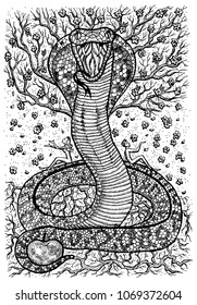 Snake symbol with Eve, Adam, tree of knowledge and flowers. Fantasy vector illustration for t-shirt, print, card, tattoo design. Zodiac animals signs of eastern calendar