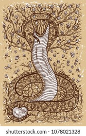 Snake symbol with Eve, Adam, tree of knowledge and flowers on old texture background. Fantasy engraved illustration. Zodiac animals of eastern calendar, mysterious concept