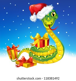 Snake. Symbol of new 2013 year.  With gift and in christmas cap  Background on separate layer.