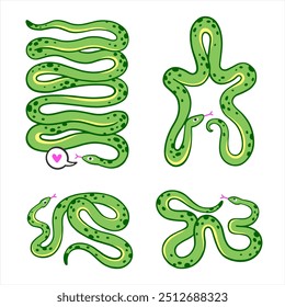 Snake symbol of year 2025 illustrations set. Various coiled isolated shapes for cards, posters, social media. Chinese horoscope symbol. Cartoon comix comic book cute style hand drawn green serpents. 