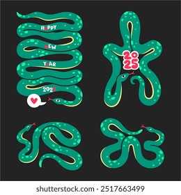 Snake symbol of year 2025 illustrations set. Various coiled isolated shapes for cards, posters. Happy New Year. Chinese horoscope symbol. Cartoon comix comic book cute style hand drawn green serpents.