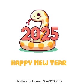 Snake symbol of the year 2025 pixel with retro style text. Vintage symbol of the year, Banner Happy New Year 2025 in 8 bits. Pixel art