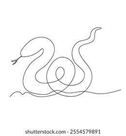 Snake, symbol of the year in continuous line art drawing. Vector illustration on white background. Single line snake concept. Line art, outline, banner in minimalism style.