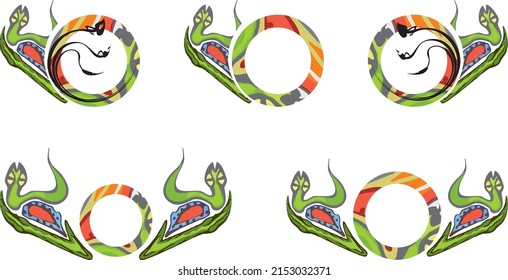 Snake symbols with colorful circle frames on white. Striped frames with floral motif for invitation cards, banners, emblems, logos, fashion trends, wallpaper, fabric products, prints, web icons, etc.