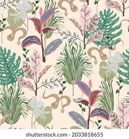 Snake in tall grass seamless repeat vector pattern. Surface design for fabric, wallpaper, wrapping paper, scrapbooking, invitation cards. Beige, cream, ivory, green, pink colors.