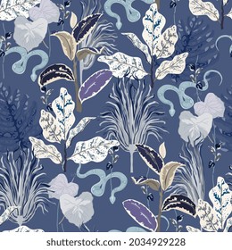 Snake in tall grass seamless repeat vector pattern. Surface design for fabric, wallpaper, wrapping paper, scrapbooking, invitation cards. White, monochrome blue colors.