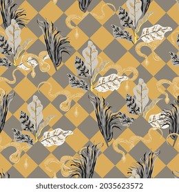 Schlange in großem Gras nahtlose Wiederholung Vektormuster. Oberflächendesign für Gewebe, Tapeten, Wickelpapier, Scrapbooking, Einladungskarten. Gelb, ockerfarben, braun, beige neutral.