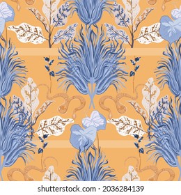 Snake in tall grass seamless repeat vector pattern. Symmetrical ornament with lines. Surface design for fabric, wallpaper, wrapping paper, scrapbooking, invitation cards. Blue, beige, neutral colors.