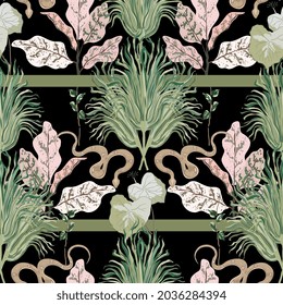 Snake in tall grass seamless repeat vector pattern. Symmetrical ornament with lines. Surface design for fabric, wallpaper, wrapping paper, scrapbooking, invitation cards. Green, pink, black colors.