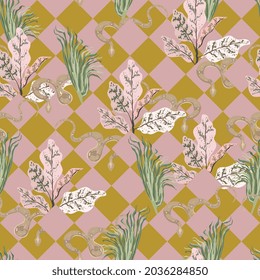 Snake in tall grass seamless repeat vector pattern. Surface design for fabric, wallpaper, wrapping paper, scrapbooking, invitation cards. Yellow, pink, green colors.