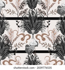Snake in tall grass seamless repeat vector pattern. Symmetrical ornament with lines. Surface design for fabric, wallpaper, wrapping paper, scrapbooking, invitation cards. Black, white, beige colors.